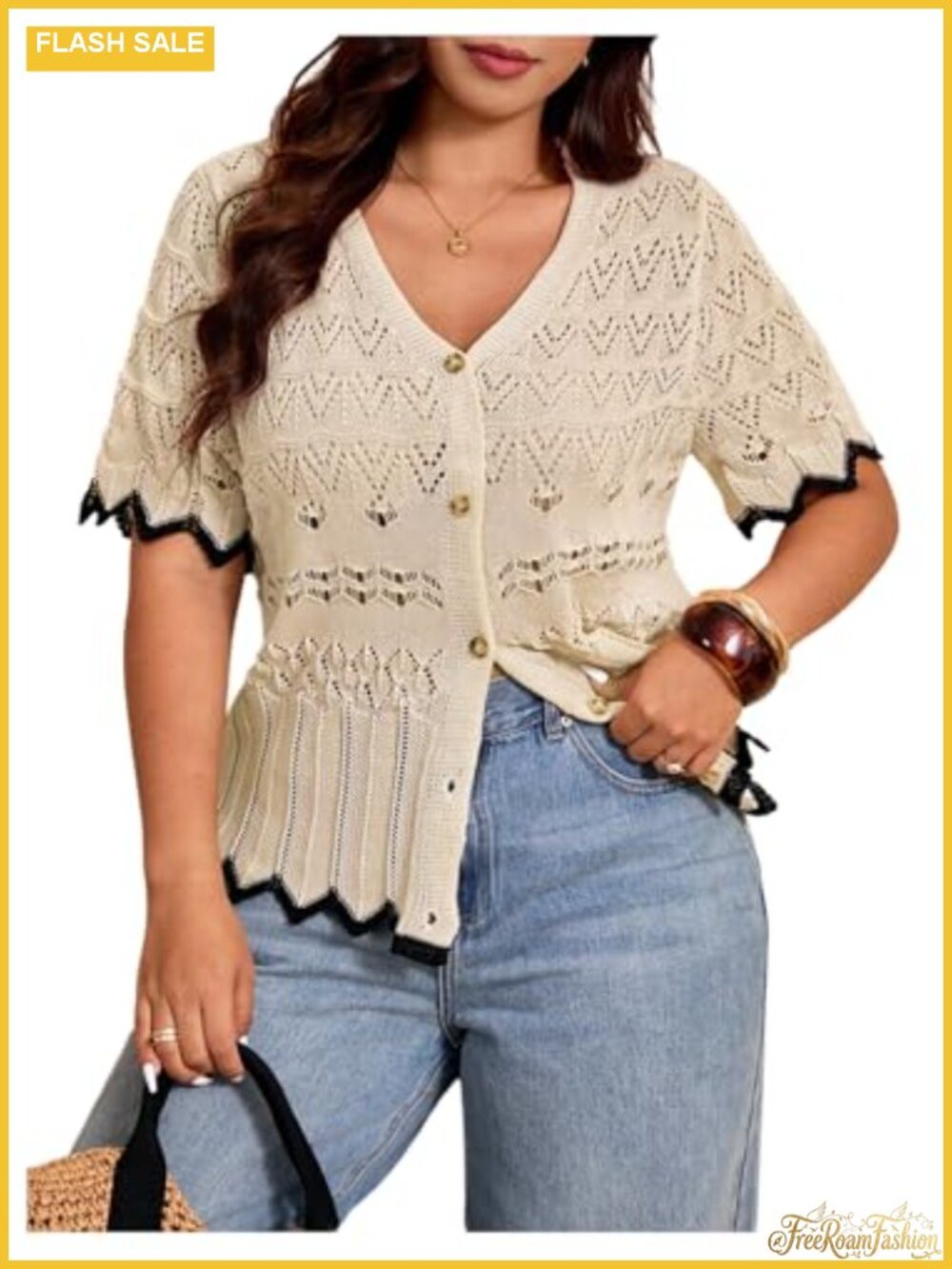 Plus Size Crochet Pointelle Cardigan Short Sleeve V-Neck Button Front Knit